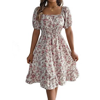 Women's Summer Floral Mid Dresses Casual Short Puff Sleeve Square Neck Flowy Ruffle A Line Sundress