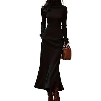 Women's Long Sleeve Sweater Maxi Dress High Neck Slim Fit Knit Bodycon Causal Business Long Dress