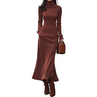 Women's Long Sleeve Sweater Maxi Dress High Neck Slim Fit Knit Bodycon Causal Business Long Dress