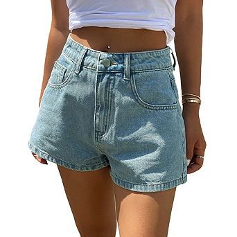 Women High Waist Vintage Wash Denim Shorts Relax Wide Leg Casual Jean Shorts with Side Pockets