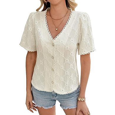 Women's Floral Embroidered Button Down Blouse Frill Trim Short Puff Sleeve v Neck Open Front Shirts