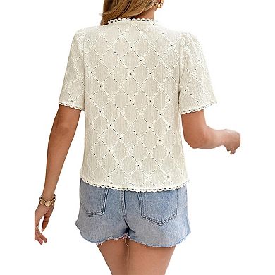 Women's Floral Embroidered Button Down Blouse Frill Trim Short Puff Sleeve v Neck Open Front Shirts