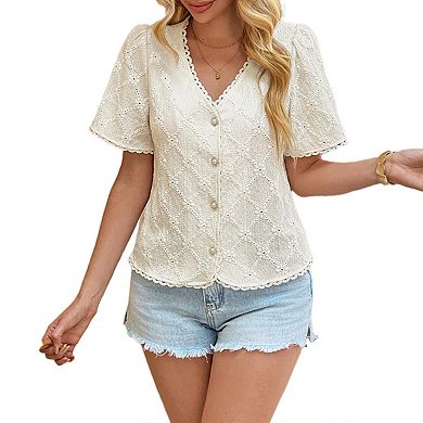 Women's Floral Embroidered Button Down Blouse Frill Trim Short Puff Sleeve v Neck Open Front Shirts