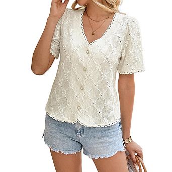 Women's Floral Embroidered Button Down Blouse Frill Trim Short Puff Sleeve v Neck Open Front Shirts