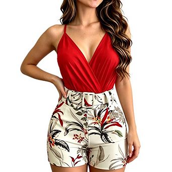 Women's 2 pc Sets Wrap V Neck Cami Top High Waist Flower Shorts with Matching Belt