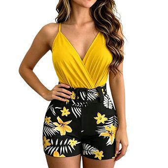 Women's 2 pc Sets Wrap V Neck Cami Top High Waist Flower Shorts with Matching Belt