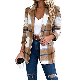 Women's Lapel Open Front Plaid Wool Blend Blazer Long Sleeve Pocket Casual Suit Jacket