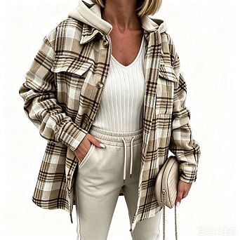 Women's Detachable Hood Plaid Flannel Button Down Oversized Shacket Jacket with Chest Pockets