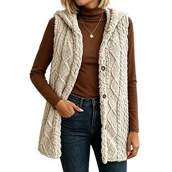 Women's Hooded Sleeveless Vest Cable Textured Fleece Mid Length Button Front Open Cardigan