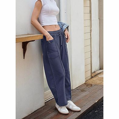 Women's Elastic Drawstring High Waist Contrast Stitch Cargo Wide Leg Casual Pants