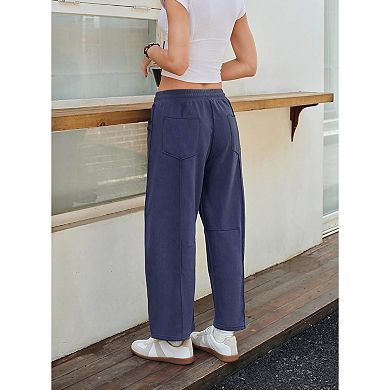 Women's Elastic Drawstring High Waist Contrast Stitch Cargo Wide Leg Casual Pants