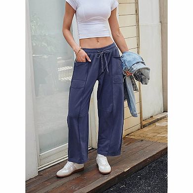 Women's Elastic Drawstring High Waist Contrast Stitch Cargo Wide Leg Casual Pants