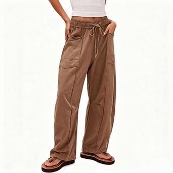 Women's Elastic Drawstring High Waist Contrast Stitch Cargo Wide Leg Casual Pants