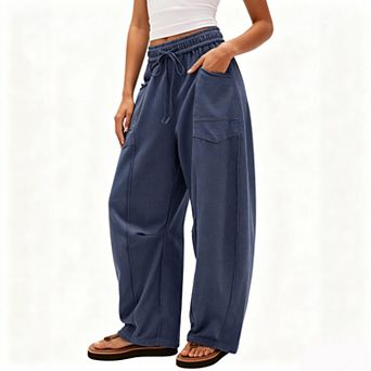 Women's Elastic Drawstring High Waist Contrast Stitch Cargo Wide Leg Casual Pants