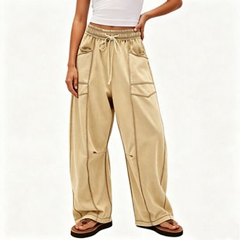 Women's Elastic Drawstring High Waist Contrast Stitch Cargo Wide Leg Casual Pants