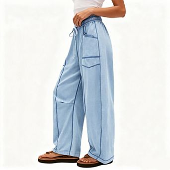 Women's Elastic Drawstring High Waist Contrast Stitch Cargo Wide Leg Casual Pants