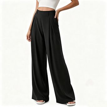 Women's High Waist Pleated Front Wide Leg Dress Pants with Side Pockets