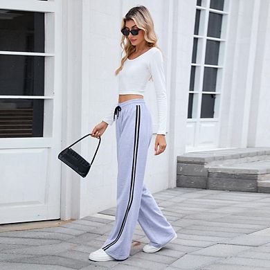 Women's Elastic Drawstring High Waist Dual Side Stripe Wide Leg Sweatpants