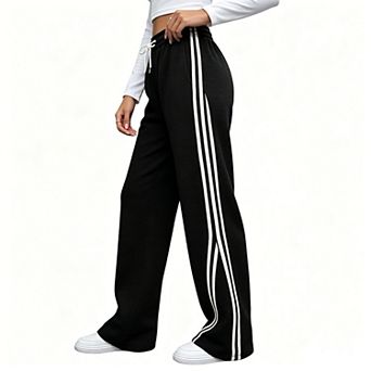 Women's Elastic Drawstring High Waist Dual Side Stripe Wide Leg Sweatpants