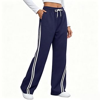 Women's Elastic Drawstring High Waist Dual Side Stripe Wide Leg Sweatpants