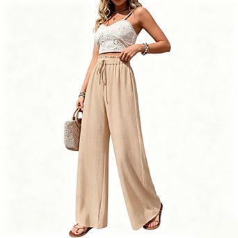 Women's Elastic Drawstring High Waist Textured Waffle Knit Wide Leg Casual Pants