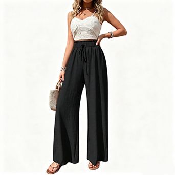Women's Elastic Drawstring High Waist Textured Waffle Knit Wide Leg Casual Pants