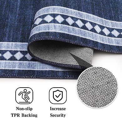 Geometric Bordered Machine Washable Area Rug Low-Pile Non-Slip Non-Shedding Carpet for Bedroom