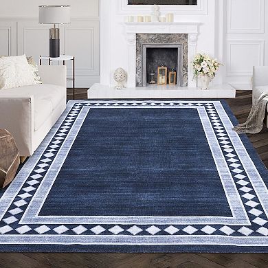 Geometric Bordered Machine Washable Area Rug Low-Pile Non-Slip Non-Shedding Carpet for Bedroom