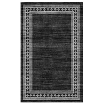 Geometric Bordered Machine Washable Area Rug Low-Pile Non-Slip Non-Shedding Carpet for Bedroom