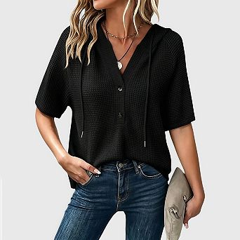 Women's Waffle Knit Hoodie Summer Casual Short-Sleeve Lightweight Drawstring Hooded Shirt