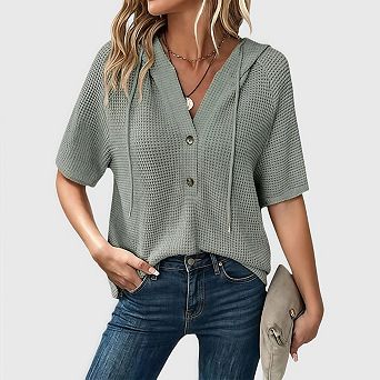 Women's Waffle Knit Hoodie Summer Casual Short-Sleeve Lightweight Drawstring Hooded Shirt