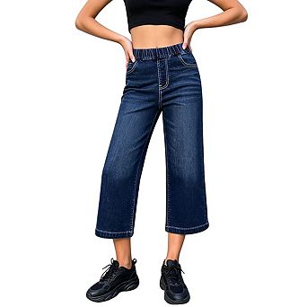 Women's Elastic High Waist Wide Leg Cropped Denim Jeans Pants