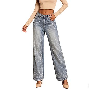 Women's High Waist Full Length Rhinestone Wide Leg Denim Jeans Pants