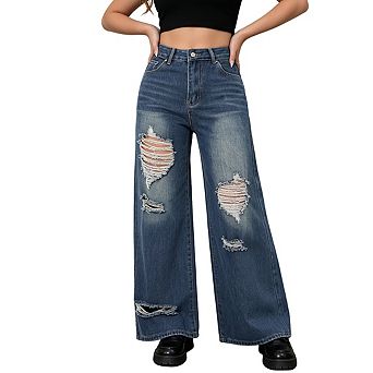 Women's High Waist Full Length Distressed Ripped Wide Leg Denim Jeans Pants