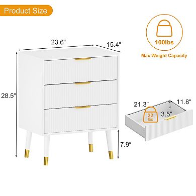 Modern Fluted Chest of Drawers 3 Deep Drawer Storage Cabinet with Gold Handles