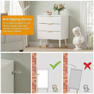 Modern Fluted Chest of Drawers 3 Deep Drawer Storage Cabinet with Gold Handles