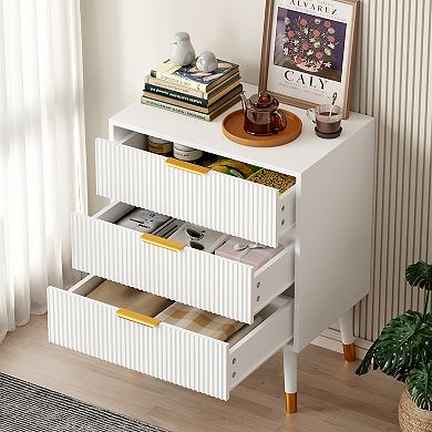 Modern Fluted Chest of Drawers 3 Deep Drawer Storage Cabinet with Gold Handles