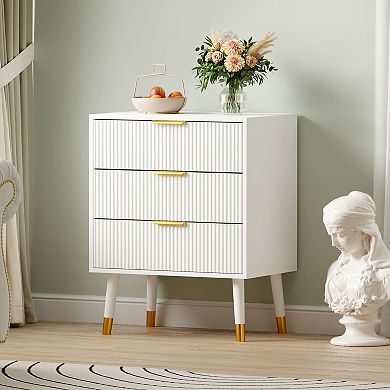 Modern Fluted Chest of Drawers 3 Deep Drawer Storage Cabinet with Gold Handles