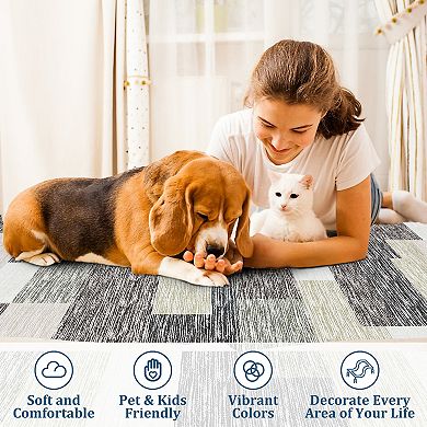 Area Rug Geometric Patchwork Floor Carpet Washable Low Pile Mat, Foldable Modern Accent Carpet