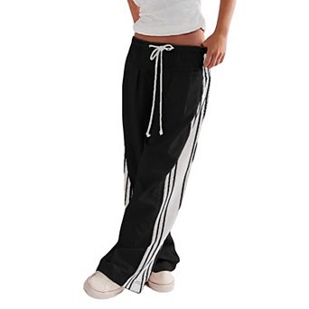 Women's High Rise Side Striped Slouchy Palazzo Wide Leg Pants with Drawstring Waist & Pockets