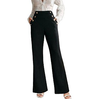 Women's Button Decor High Waist Work Trousers Business Casual Pocketed Office Dress Pants