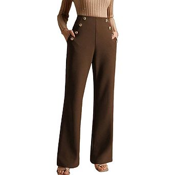 Women's Button Decor High Waist Work Trousers Business Casual Pocketed Office Dress Pants