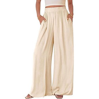 Women's Elastic Waist Flowy Wide Leg Palazzo Pants with Pockets Summer Beach Vacation Trouser