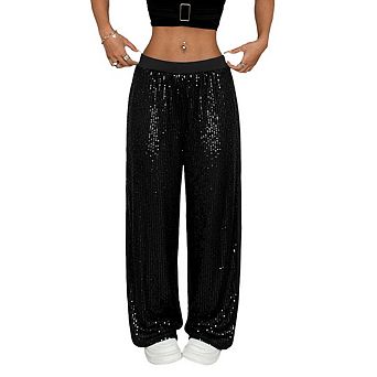 Women's Elastic Waist Glitter Sequin Long Loose Pants Bling Casual Club Party Trousers