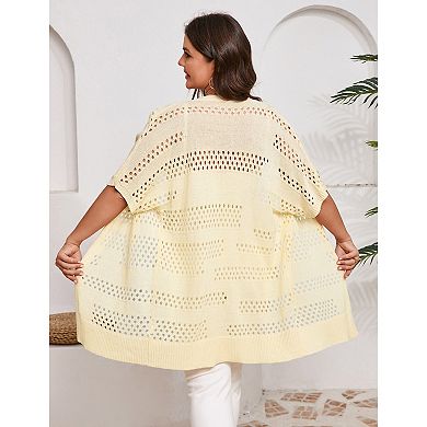 Women Plus Size Crochet Short Sleeve Cardigan, Open Front Summer Knit Cover-Up