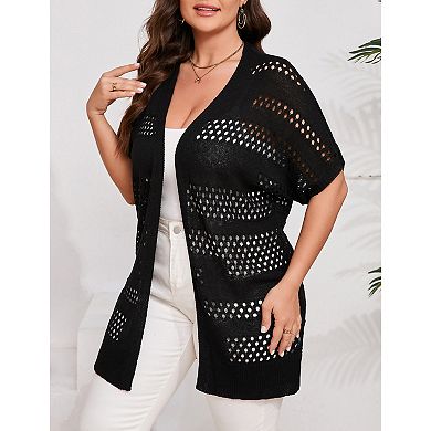Women Plus Size Crochet Short Sleeve Cardigan, Open Front Summer Knit Cover-Up