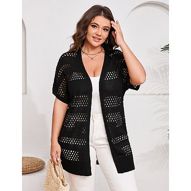 Women Plus Size Crochet Short Sleeve Cardigan, Open Front Summer Knit Cover-Up