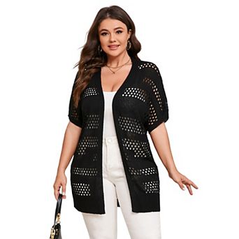 Women Plus Size Crochet Short Sleeve Cardigan, Open Front Summer Knit Cover-Up
