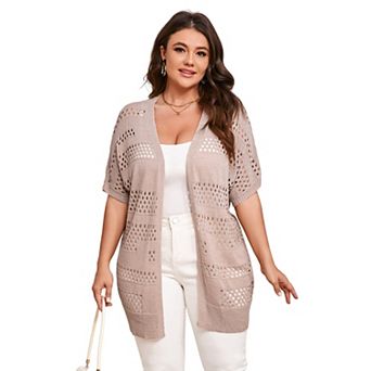 Women Plus Size Crochet Short Sleeve Cardigan, Open Front Summer Knit Cover-Up