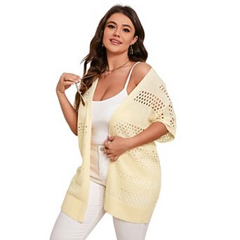 Women Plus Size Crochet Short Sleeve Cardigan, Open Front Summer Knit Cover-Up